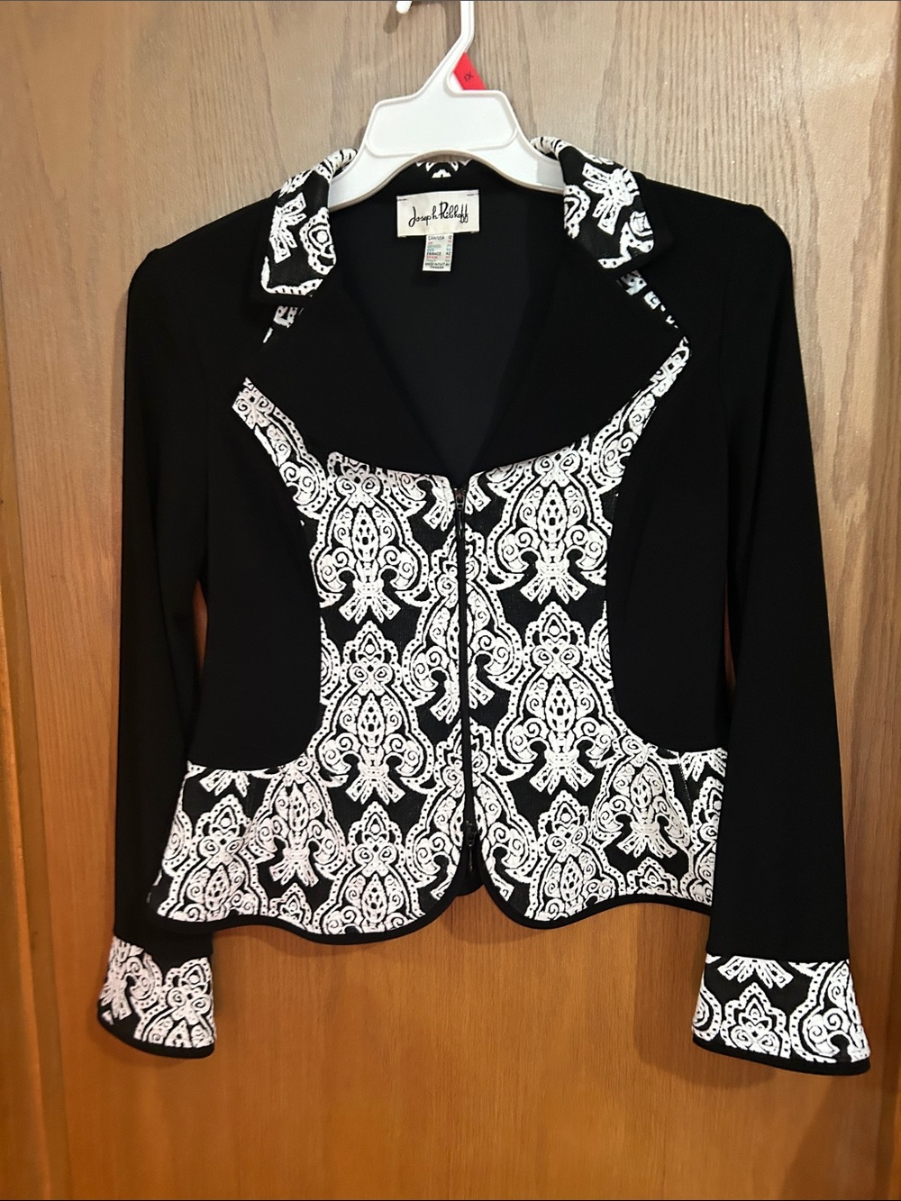 Joseph Ribkoff Black Jacket with White Paisley Panels